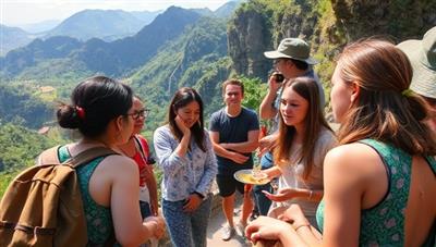An immersive travel scene with students and educators participating in a sustainable education trip, engaging in cultural activities, environmental conservation projects, and community interactions in a picturesque and eco-conscious destination, reflecting the essence of SustainaQuest travel experiences.