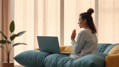 An emotive visual of a mental wellness coach conducting a virtual coaching session with a client, guiding them through relaxation exercises and mindfulness practices on a telecommunications platform, creating a safe and supportive environment for mental health exploration and healing.