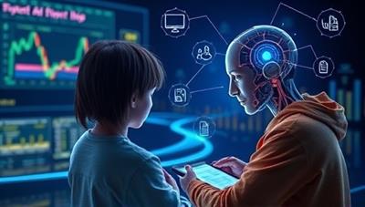An imaginative visualization of a student interacting with an AI tutor on a digital device, with personalized learning content adapting in real-time based on the student's responses and progress, illustrating the concept of adaptive learning.