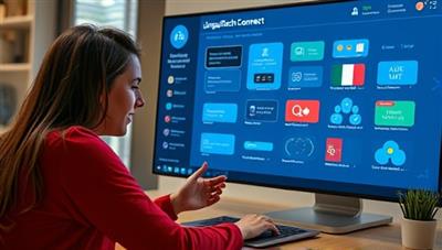 An image of a user engaging with the LinguaTech Connect platform, practicing a new language with the help of an AI tutor and interactive exercises, illustrating a dynamic and immersive language learning experience.