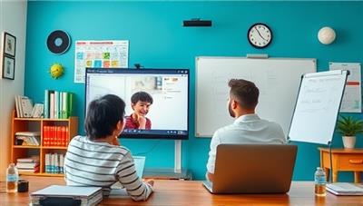 An engaging virtual classroom setup with a student and a tutor interacting through a screen, with educational materials and a digital whiteboard visible in the background, illustrating personalized learning and online tutoring.