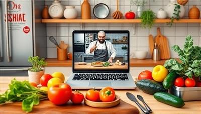 A vibrant virtual kitchen setup with fresh ingredients, cooking utensils, and a chef conducting a live cooking demonstration on a laptop screen, surrounded by culinary props and kitchen decor, evoking a lively and interactive cooking experience.