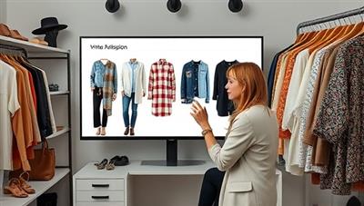 A virtual style consultation session with a professional stylist presenting outfit ideas on a screen, surrounded by fashion magazines, accessories, and clothing racks, illustrating virtual wardrobe consulting and style transformation for clients seeking fashion guidance.