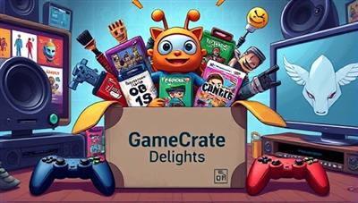 An artistic depiction of a colorful gaming subscription box bursting with exciting items like game figurines, apparel, accessories, and game codes, surrounded by a gaming setup and controllers, conveying the joy and surprise of receiving a GameCrate Delights box.
