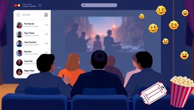 An online platform interface showing multiple users watching a movie together, with a chat sidebar for discussions, popcorn emojis flying, and virtual movie tickets to convey the interactive and communal movie-watching experience.