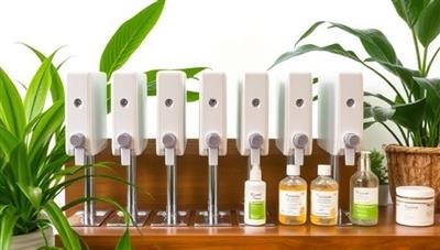 A stylish refill station setup with sleek dispensers of various beauty products lined up neatly, surrounded by lush green plants and eco-friendly packaging materials, showcasing a modern and sustainable beauty refill experience.