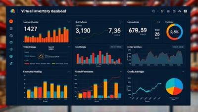 A digital dashboard display showing real-time inventory levels, order statuses, and predictive analytics charts, conveying the efficiency and control offered by the virtual warehouse inventory management service.