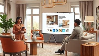 An elegant digital rendering of a virtual interior design consultation session, featuring a designer presenting a mood board on a screen to a client, surrounded by design samples and a cozy room backdrop.