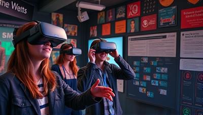 An engaging visual depicting players wearing VR headsets, interacting with digital puzzles and clues in a virtual room filled with mysteries and challenges, capturing the excitement of the immersive experience.