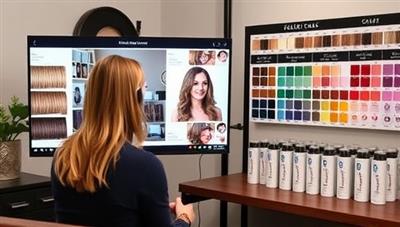 A virtual consultation setup featuring a colorist discussing hair color options with a client via video call, with hair swatches, color charts, and hair dye kits displayed in the background, illustrating a professional and personalized hair color service experience.