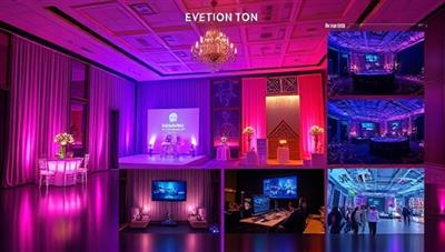 An elegant digital mood board with virtual event decor inspiration, featuring vibrant colors, modern tech elements, and interactive entertainment options, conveying a blend of sophistication and innovation.