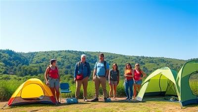 A vibrant outdoor scene with a diverse group of travelers happily using eco-friendly camping gear against a backdrop of lush greenery and clear blue skies, embodying sustainability and adventure.