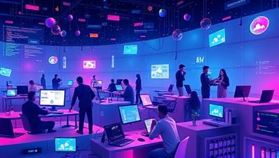 An immersive digital landscape showcasing a variety of tech professionals working on virtual projects together, with code snippets, design mockups, and IT infrastructure elements floating around, symbolizing the collaborative and innovative tech environment fostered by the platform.