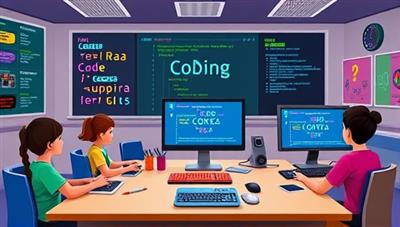 An engaging virtual coding classroom setting with colorful code blocks, playful animations, and young coders collaborating on a coding project displayed on computer screens, illustrating the interactive and educational environment of CodeChamps Junior.