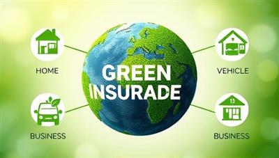 A visually appealing graphic showcasing a green planet symbolizing sustainability, surrounded by insurance policy icons related to home, vehicle, and business coverage, conveying the concept of green insurance bundling and eco-conscious protection.