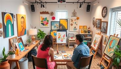 A virtual art studio atmosphere with colorful art supplies, inspirational artwork, and cozy creative spaces, featuring an art therapist leading a therapeutic art session with participants expressing themselves through art, promoting emotional healing and self-discovery.