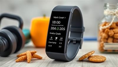 A digital fitness tracker displaying workout progress, nutrition goals, and motivational messages, surrounded by workout equipment and healthy snacks, emphasizing a personalized and tech-savvy approach to fitness coaching.