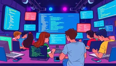 An illustrative scene showing a group of teenagers attending a virtual coding bootcamp session, each with a laptop displaying lines of code and programming exercises, surrounded by colorful digital screens and tech gadgets, creating a dynamic and engaging learning environment for young tech enthusiasts.