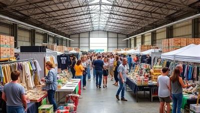 A vibrant and bustling pop-up market scene with diverse vendors showcasing their products in a temporary warehouse setup, highlighting the versatility and community aspect of FlexiHub's Pop-Up Warehouse Market.