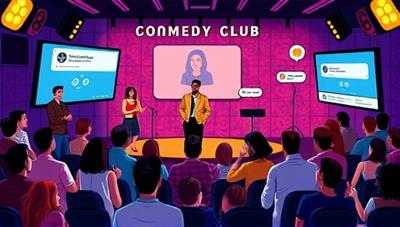 A lively digital illustration of a virtual comedy club setting, featuring comedians performing on a virtual stage, audience members laughing and interacting in a virtual chat, and a vibrant atmosphere filled with humor and entertainment, creating a fun and engaging online comedy experience.
