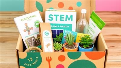 A colorful and vibrant subscription box filled with eco-friendly STEM projects like a solar-powered car kit, biodegradable plant pots, and recycled material science experiments, showcasing the hands-on and sustainable learning approach of EcoSTEMX.