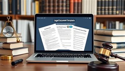 An online workspace with a laptop displaying legal document templates, surrounded by legal books, a magnifying glass, and a gavel, symbolizing precision and legal expertise.
