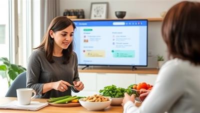 An interactive nutrition coaching session where a dietitian guides a user through meal planning, ingredient selection, and healthy eating tips via a virtual platform, showcasing the personalized and supportive approach of NutriSync Virtual in helping clients achieve their health goals.