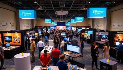 A dynamic virtual event space with interactive booths, engaging activities, and a diverse group of attendees networking and participating in virtual sessions, illustrating the versatility and excitement of virtual event planning.