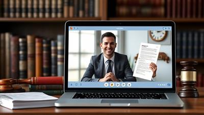 A virtual law office setup with legal books, a laptop displaying legal documents, and a professional lawyer engaging in a video consultation with a client, conveying professionalism and expertise in online legal services.