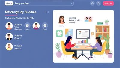 A digital platform interface displaying user profiles matching study buddies, accompanied by virtual study room illustrations with students engaging in collaborative learning activities, highlighting the concept of peer support and academic partnership.