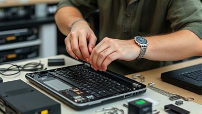 A technician disassembling and refurbishing an old laptop, showcasing the process of tech recycling and refurbishment in a sustainable and eco-friendly manner.