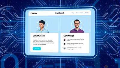 An illustration of a futuristic AI-powered platform screen showing job seekers and companies seamlessly matched based on their profiles, highlighting the platform's advanced technology and user-friendly interface.