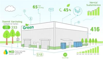 A virtual warehouse drawing showcasing eco-friendly features such as solar panels, LED lighting, rainwater harvesting systems, and recycling stations, surrounded by digital sustainability metrics, green energy symbols, and environmental impact graphs, illustrating a green and sustainable warehouse concept.