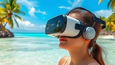 An individual wearing a VR headset, virtually exploring a stunning tropical beach with crystal-clear waters and palm trees, capturing the essence of immersive travel experiences offered by VR Wanderlust.