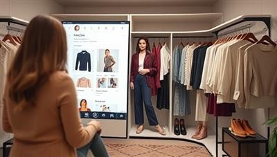 A virtual styling session scene featuring a digital wardrobe interface with personalized outfit recommendations, style mood boards, and fashion accessories, creating a virtual closet experience that reflects the client's unique style preferences and fashion aspirations.