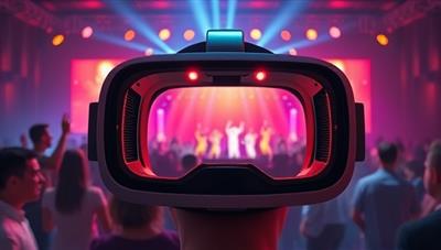 An immersive VR headset displaying a vibrant concert stage with digital avatars of users dancing and enjoying the music, creating a dynamic and interactive virtual concert atmosphere.
