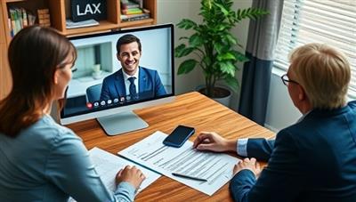 A professional tax consultant providing remote assistance to a client via video call, with tax documents and legal papers visible on the desk, conveying expertise and support in resolving tax issues efficiently, evoking relief and trust in TaxEase Resolve's services.