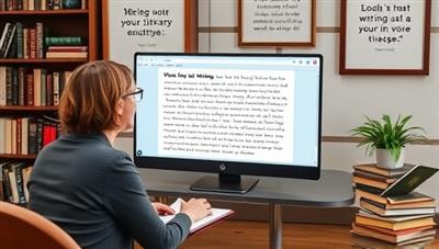 A virtual writing coach providing personalized feedback to a writer via a video call, with a digital writing pad displaying notes and suggestions, surrounded by motivational writing quotes and a bookshelf filled with literary classics, creating a supportive and professional coaching atmosphere.