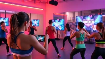An energetic fitness instructor leading a virtual class with participants following workout routines while interacting with gamified elements on their screens, showcasing the fusion of physical activity and gaming engagement in a vibrant virtual setting.