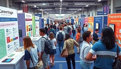 An imaginative visualization of high school students navigating through a virtual career fair filled with interactive booths, industry professionals, and career exploration tools, showcasing the engaging and informative experience offered by CareerVoyage.