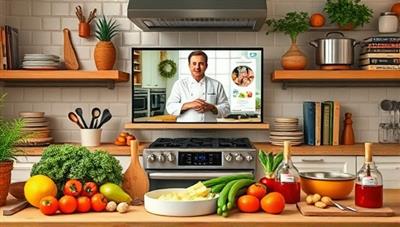 A vibrant kitchen setting with a virtual cooking class in progress, featuring a chef demonstrating a recipe on a screen, surrounded by fresh ingredients, cooking utensils, and cookbooks, creating a lively and educational culinary environment.