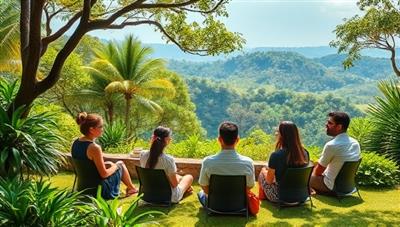 An idyllic retreat setting with accounting professionals engaged in a workshop session, surrounded by lush greenery and calming natural elements, illustrating the serene and rejuvenating experience of attending a BalanceBooks Retreat.