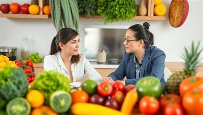 An inviting image of a virtual nutrition coaching session with a coach discussing meal plans and healthy eating habits with a busy professional, surrounded by colorful fruits and vegetables, conveying health and vitality through nutrition.