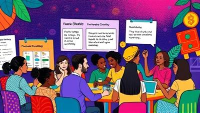 An artistic and colorful visual representation of the platform, featuring a diverse group of creatives engaging in financial workshops, sharing tips on budgeting and tax planning, and networking in a vibrant and supportive creative community, symbolizing financial empowerment and creative entrepreneurship.