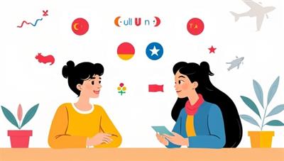 An illustration of two people engaging in a virtual language exchange session, with speech bubbles showing different languages and cultural symbols in the background, representing diversity and communication.