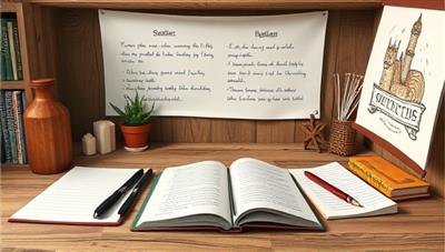 An artistic virtual writing studio setting with writing prompts, notebooks, pens, and creative illustrations, symbolizing a space for imagination and storytelling exploration, inspiring participants to embark on a creative writing journey.