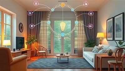 An artistic representation of a smart home environment with interconnected devices adjusting settings based on energy optimization recommendations, creating a harmonious and eco-friendly living space.