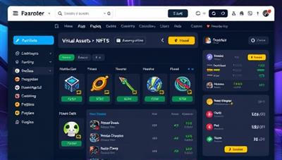 A dynamic marketplace interface showcasing virtual assets, NFTs, and in-game items available for trade, with secure blockchain transactions, real-time pricing charts, and user feedback features, illustrating the innovative and decentralized nature of the in-game asset marketplace.
