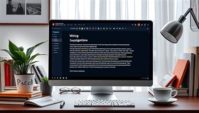 A sleek and modern computer screen displaying a writing interface with colorful AI-powered suggestions popping up, surrounded by a creative workspace with books, a plant, and a cup of tea, illustrating a seamless writing experience.