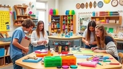 A vibrant crafting studio filled with colorful supplies, tools, and materials, with a group of enthusiastic teenagers working on various creative projects, laughing and sharing ideas in a dynamic and inspiring environment that sparks imagination and collaboration.